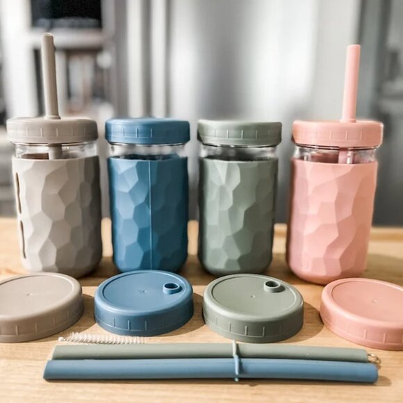 WeeSprout Glass Cups with Lids & Straws | Set of 4 | 12 oz | Spill-Resistant - Picture 1 of 5
